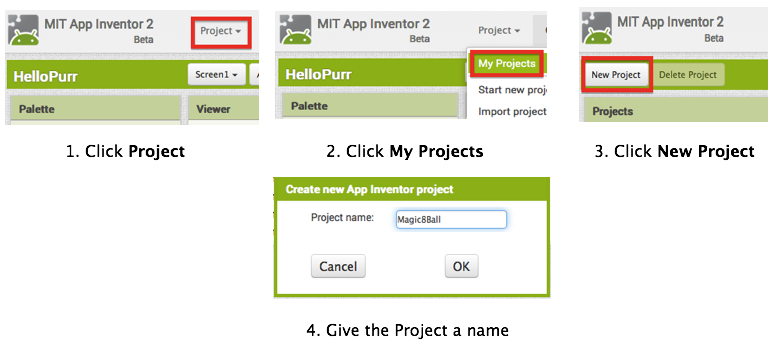 screenshots for a new project in App Inventor